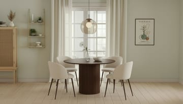 Kopparbo Rundt Spisebord 120 cm med 4 Greya Spisestoler med armlener - Mørkebrun / Hvit Bouclé / Metallben Valnøtt - Møbler - Bord - Spisegruppe