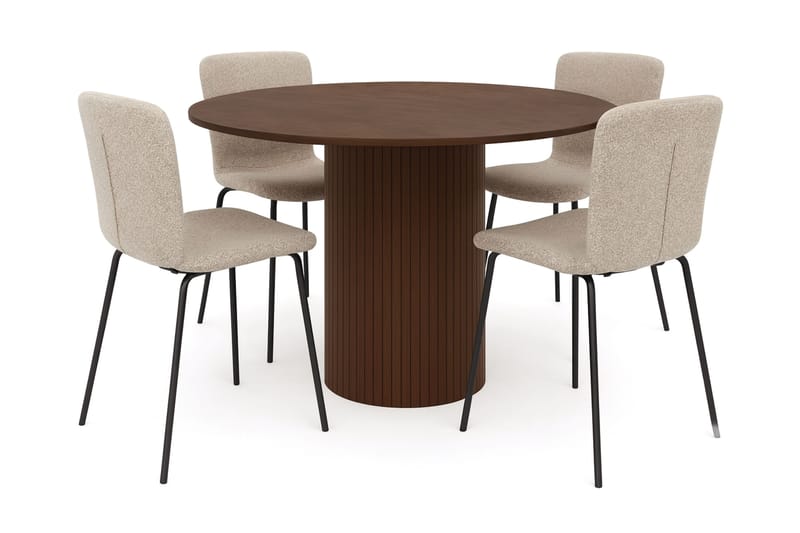 Kopparbo Rundt Spisebord 120 cm med 4 Katy Spisestoler, Mørkebrun / Greige Bouclé / Metallben Svart