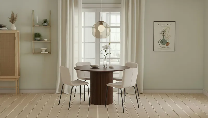 Kopparbo Rundt Spisebord 120 cm med 4 Katy Spisestoler - Mørkebrun / Hvit Bouclé / Metallben Svart - Møbler - Bord - Spisegruppe