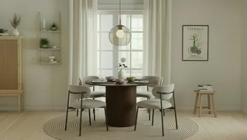 Kopparbo Rundt Spisebord 120 cm med 4 Lucy Spisestoler - Mørkebrun / Greige Bouclé / Metallben Svart - Møbler - Bord - Spisegruppe