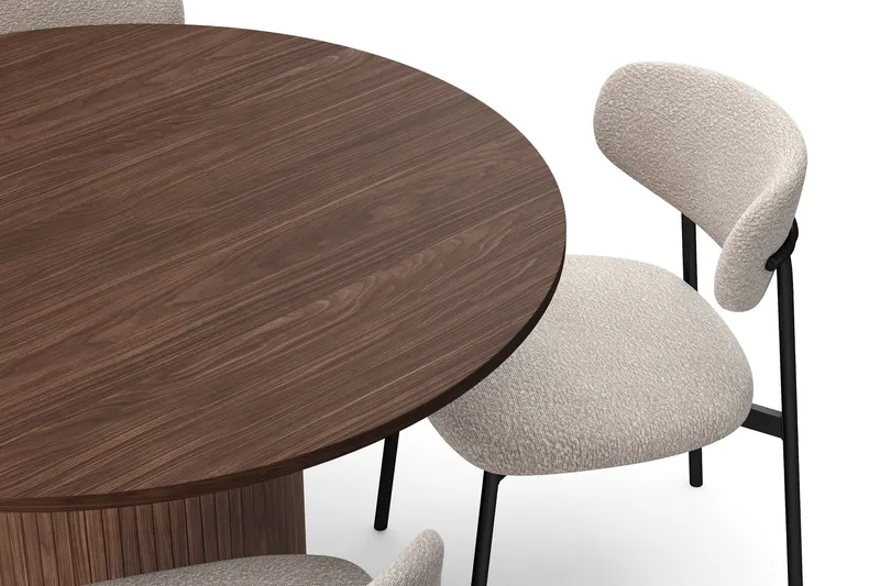 Kopparbo Rundt Spisebord 120 cm med 4 Lucy Spisestoler - Mørkebrun / Greige Bouclé / Metallben Svart - Møbler - Bord - Spisegruppe