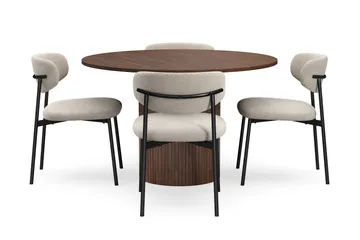 Kopparbo Rundt Spisebord 120 cm med 4 Lucy Spisestoler - Mørkebrun / Greige Bouclé / Metallben Svart - Møbler - Bord - Spisegruppe