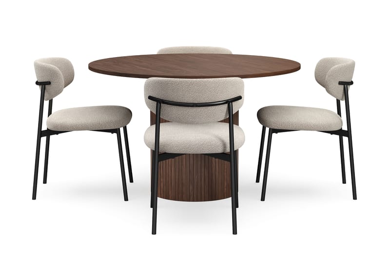 Kopparbo Rundt Spisebord 120 cm med 4 Lucy Spisestoler - Mørkebrun / Greige Bouclé / Metallben Svart - Møbler - Bord - Spisegruppe