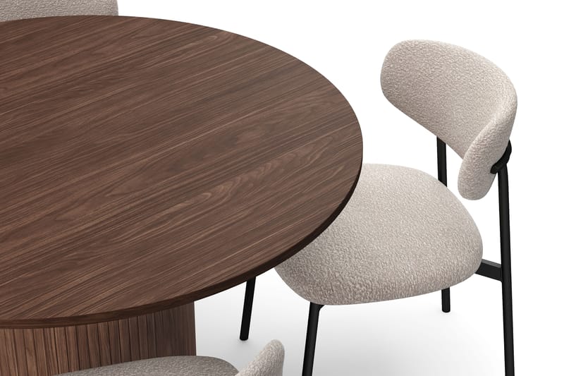 Kopparbo Rundt Spisebord 120 cm med 4 Lucy Spisestoler - Mørkebrun / Greige Bouclé / Metallben Svart - Møbler - Bord - Spisegruppe