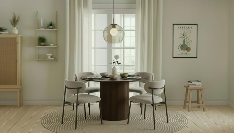 Kopparbo Rundt Spisebord 120 cm med 4 Lucy Spisestoler - Mørkebrun / Greige Bouclé / Metallben Svart - Møbler - Bord - Spisegruppe