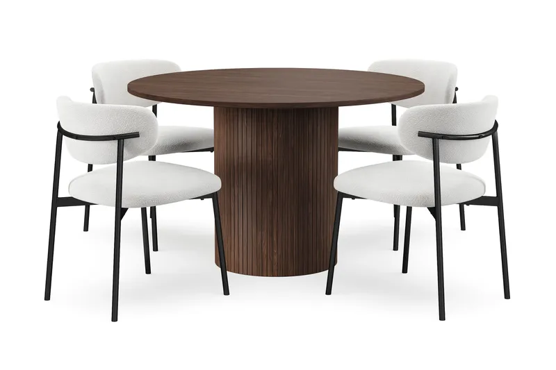 Kopparbo Rundt Spisebord 120 cm med 4 Lucy Spisestoler, Mørkebrun / Hvit Bouclé / Metallben Svart