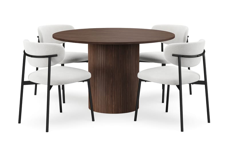 Kopparbo Rundt Spisebord 120 cm med 4 Lucy Spisestoler, Mørkebrun / Hvit Bouclé / Metallben Svart