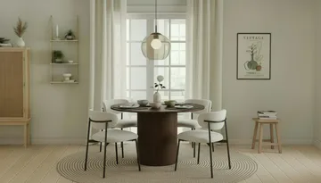 Kopparbo Rundt Spisebord 120 cm med 4 Lucy Spisestoler - Mørkebrun / Hvit Bouclé / Metallben Svart - Møbler - Bord - Spisegruppe