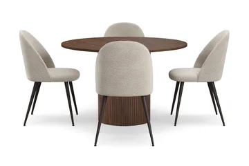 Kopparbo Rundt Spisebord 120 cm med 4 Nibe Plus Spisestoler - Mørkebrun / Greige Bouclé / Metallben Valnøtt - Møbler - Bord - Spisegruppe