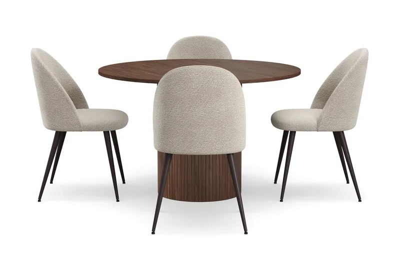 Kopparbo Rundt Spisebord 120 cm med 4 Nibe Plus Spisestoler - Mørkebrun / Greige Bouclé / Metallben Valnøtt - Møbler - Bord - Spisegruppe