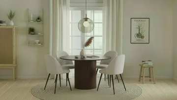 Kopparbo Rundt Spisebord 120 cm med 4 Nibe Plus Spisestoler - Mørkebrun / Hvit Bouclé / Metallben Valnøtt - Møbler - Bord - Spisegruppe