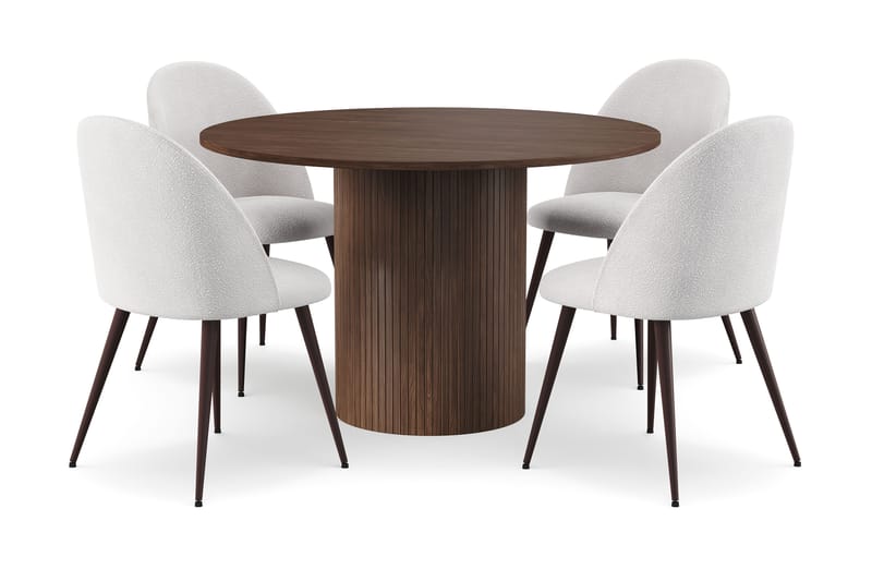 Kopparbo Rundt Spisebord 120 cm med 4 Nibe Plus Spisestoler, Mørkebrun / Hvit Bouclé / Metallben Valnøtt
