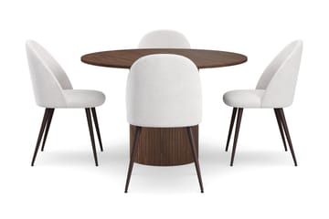 Kopparbo Rundt Spisebord 120 cm med 4 Nibe Plus Spisestoler - Mørkebrun / Hvit Bouclé / Metallben Valnøtt - Møbler - Bord - Spisegruppe