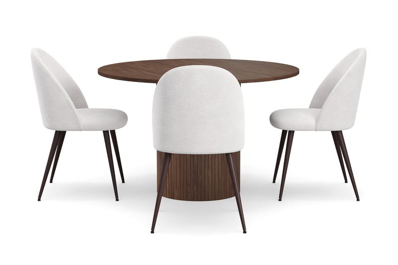 Kopparbo Rundt Spisebord 120 cm med 4 Nibe Plus Spisestoler - Mørkebrun / Hvit Bouclé / Metallben Valnøtt - Møbler - Bord - Spisegruppe