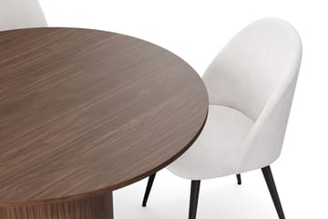 Kopparbo Rundt Spisebord 120 cm med 4 Nibe Plus Spisestoler - Mørkebrun / Hvit Bouclé / Metallben Valnøtt - Møbler - Bord - Spisegruppe