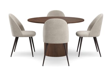 Kopparbo Rundt Spisebord 120 cm med 4 Nibe Plus Spisestoler - Mørkebrun / Greige Bouclé / Metallben Valnøtt - Møbler - Bord - Spisegruppe