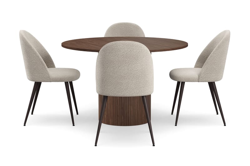 Kopparbo Rundt Spisebord 120 cm med 4 Nibe Plus Spisestoler - Mørkebrun / Greige Bouclé / Metallben Valnøtt - Møbler - Bord - Spisegruppe
