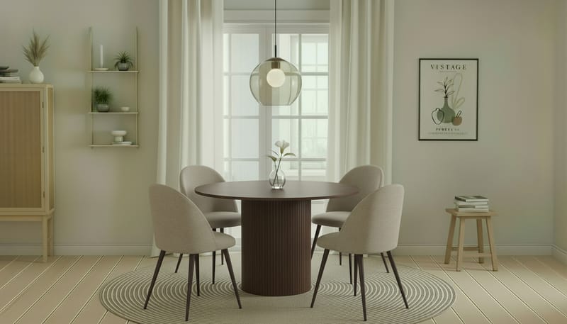 Kopparbo Rundt Spisebord 120 cm med 4 Nibe Plus Spisestoler - Mørkebrun / Greige Bouclé / Metallben Valnøtt - Møbler - Bord - Spisegruppe