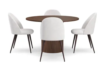 Kopparbo Rundt Spisebord 120 cm med 4 Nibe Plus Spisestoler - Mørkebrun / Hvit Bouclé / Metallben Valnøtt - Møbler - Bord - Spisegruppe
