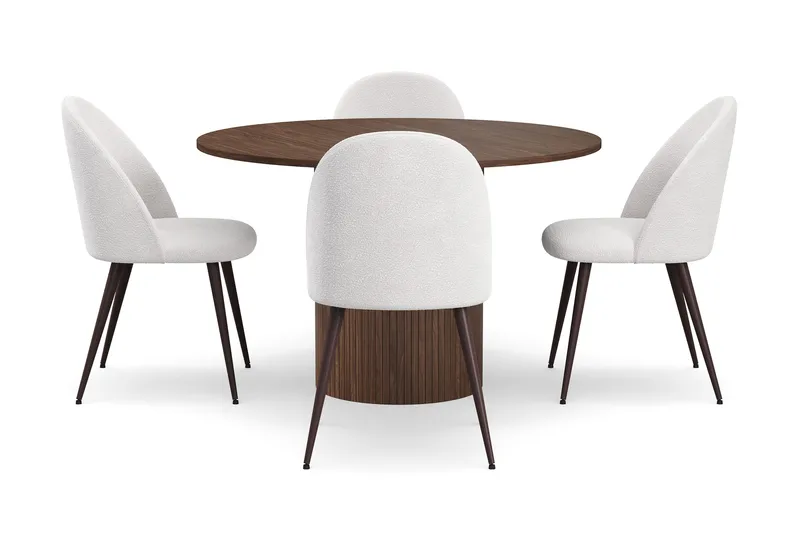 Kopparbo Rundt Spisebord 120 cm med 4 Nibe Plus Spisestoler - Mørkebrun / Hvit Bouclé / Metallben Valnøtt - Møbler - Bord - Spisegruppe