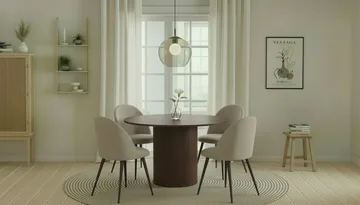 Kopparbo Rundt Spisebord 120 cm med 4 Nibe Plus Spisestoler - Mørkebrun / Greige Bouclé / Metallben Valnøtt - Møbler - Bord - Spisegruppe