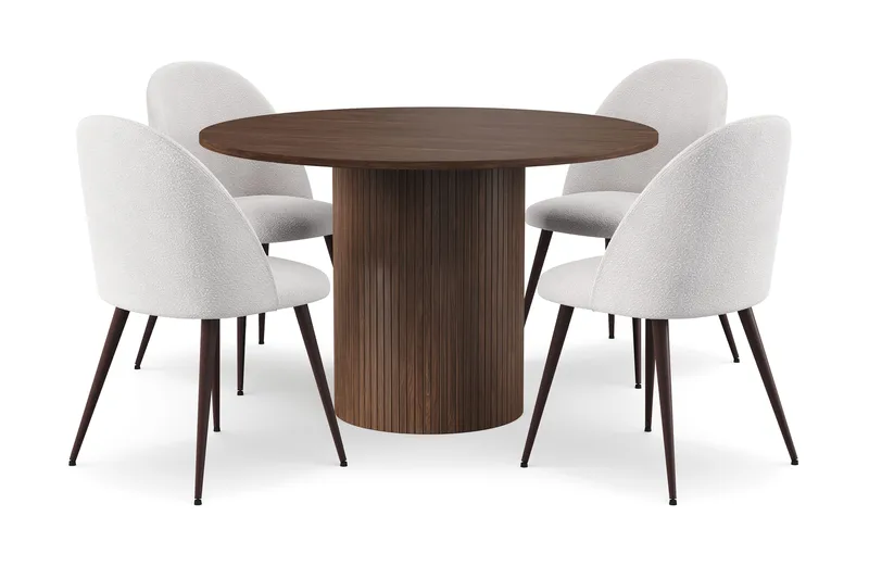 Kopparbo Rundt Spisebord 120 cm med 4 Nibe Plus Spisestoler, Mørkebrun / Hvit Bouclé / Metallben Valnøtt
