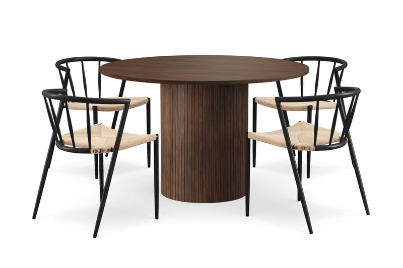 Kopparbo Rundt Spisebord 120 cm med 4 Winston Spisestoler, Mørkebrun / Beige / Metallben Svart
