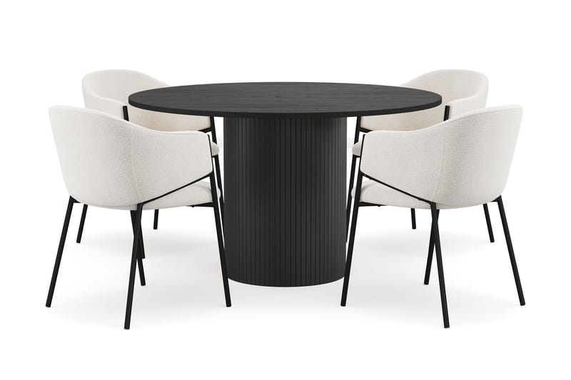 Kopparbo Rundt Spisebord 130 cm med 4 Filip Spisestoler, Svart tre / Hvit Bouclé