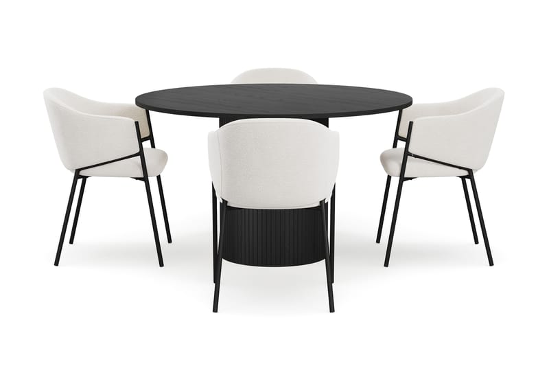 Kopparbo Rundt Spisebord 130 cm med 4 Filip Spisestoler - Svart tre / Hvit Bouclé - Møbler - Bord - Spisegruppe