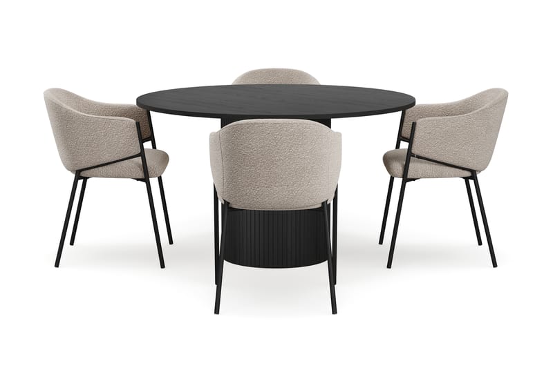 Kopparbo Rundt Spisebord 130 cm med 4 Filip Spisestoler, Svart tre / Taupe Bouclé
