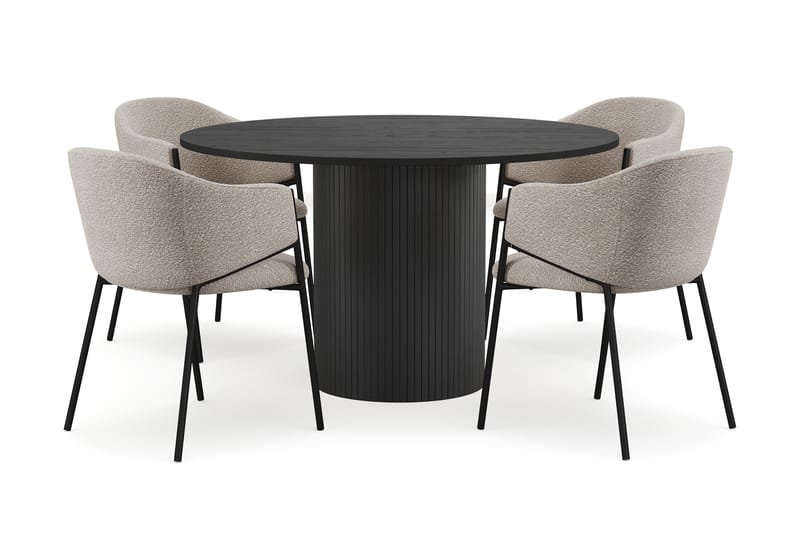 Kopparbo Rundt Spisebord 130 cm med 4 Filip Spisestoler - Svart tre / Taupe Bouclé - Møbler - Bord - Spisegruppe