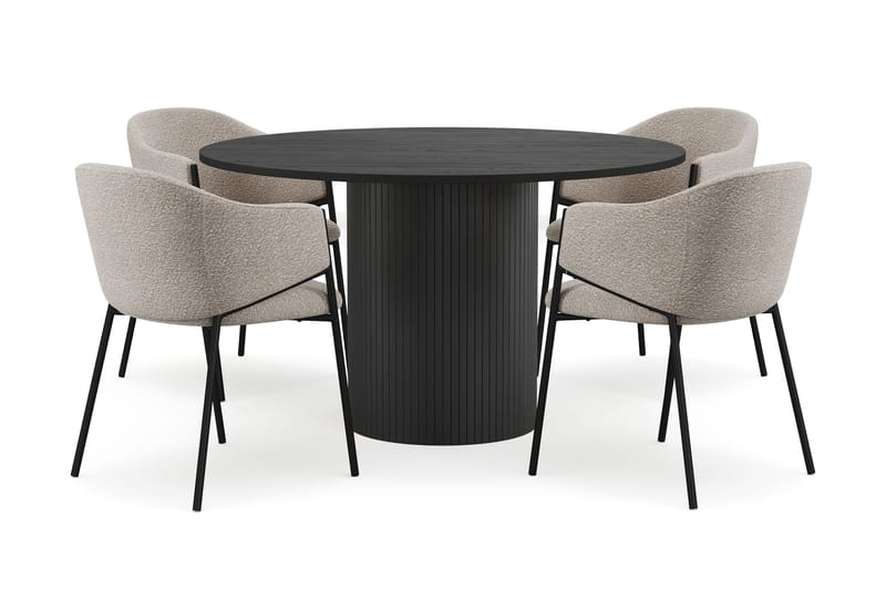Kopparbo Rundt Spisebord 130 cm med 4 Filip Spisestoler, Svart tre / Taupe Bouclé