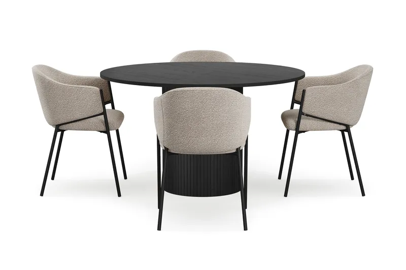 Kopparbo Rundt Spisebord 130 cm med 4 Filip Spisestoler - Svart tre / Taupe Bouclé - Møbler - Bord - Spisegruppe