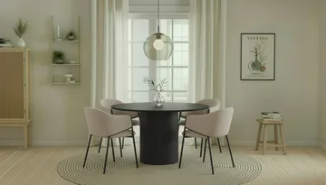 Kopparbo Rundt Spisebord 130 cm med 4 Filip Spisestoler - Svart tre / Taupe Bouclé - Møbler - Bord - Spisegruppe