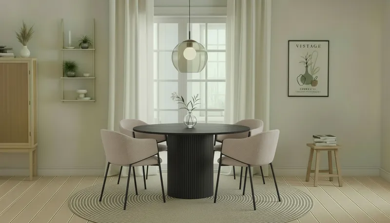 Kopparbo Rundt Spisebord 130 cm med 4 Filip Spisestoler - Svart tre / Taupe Bouclé - Møbler - Bord - Spisegruppe