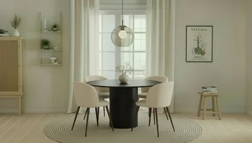 Kopparbo Rundt Spisebord 130 cm med 4 Greya Spisestoler med armlener - Svart tre / Hvit Bouclé / Metallben Valnøtt - Møbler - Bord - Spisegruppe