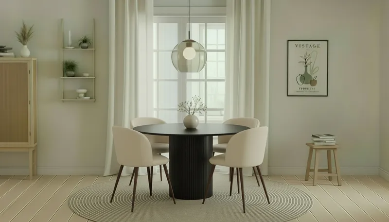 Kopparbo Rundt Spisebord 130 cm med 4 Greya Spisestoler med armlener - Svart tre / Hvit Bouclé / Metallben Valnøtt - Møbler - Bord - Spisegruppe