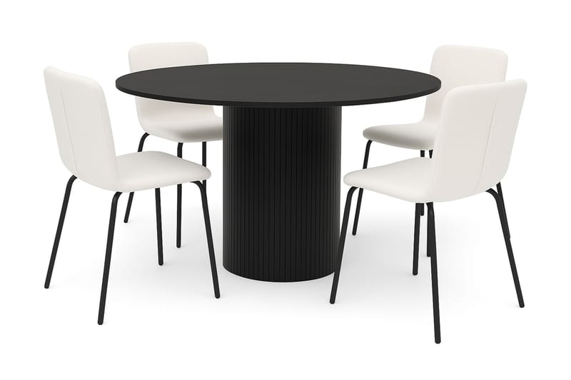 Kopparbo Rundt Spisebord 130 cm med 4 Katy Spisestoler, Svart tre / Hvit Bouclé / Metallben Svart