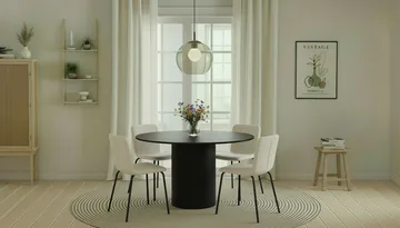 Kopparbo Rundt Spisebord 130 cm med 4 Katy Spisestoler - Svart tre / Hvit Bouclé / Metallben Svart - Møbler - Bord - Spisegruppe