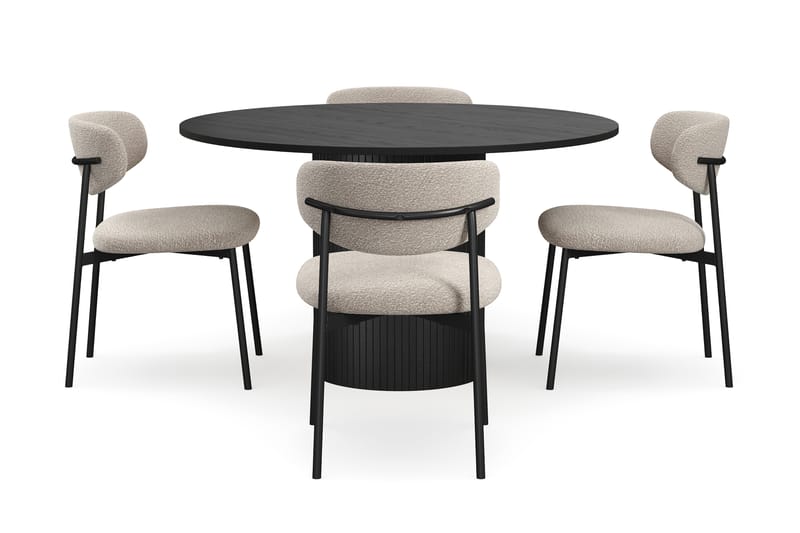 Kopparbo Rundt Spisebord 130 cm med 4 Lucy Spisestoler, Svart tre / Greige Bouclé / Metallben Svart