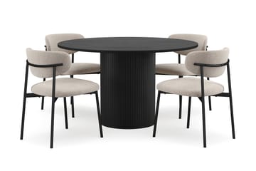 Kopparbo Rundt Spisebord 130 cm med 4 Lucy Spisestoler - Svart tre / Greige Bouclé / Metallben Svart - Møbler - Bord - Spisegruppe