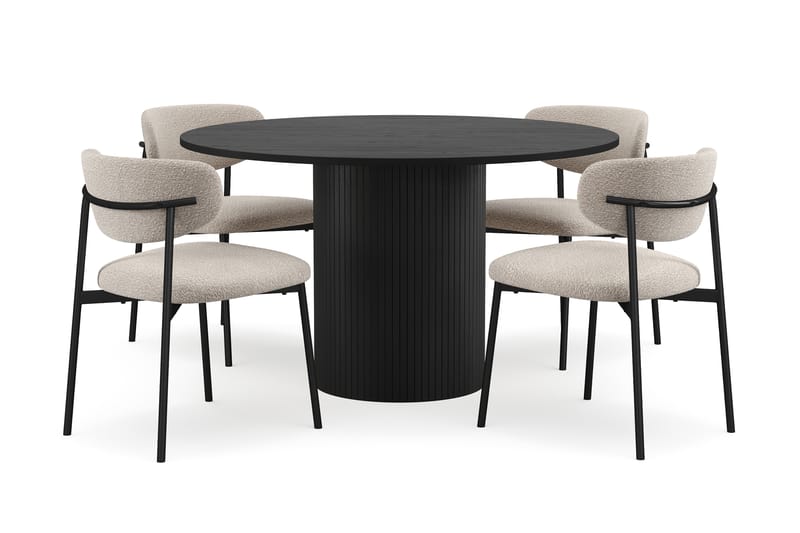 Kopparbo Rundt Spisebord 130 cm med 4 Lucy Spisestoler - Svart tre / Greige Bouclé / Metallben Svart - Møbler - Bord - Spisegruppe