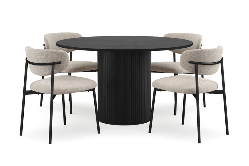 Kopparbo Rundt Spisebord 130 cm med 4 Lucy Spisestoler, Svart tre / Greige Bouclé / Metallben Svart