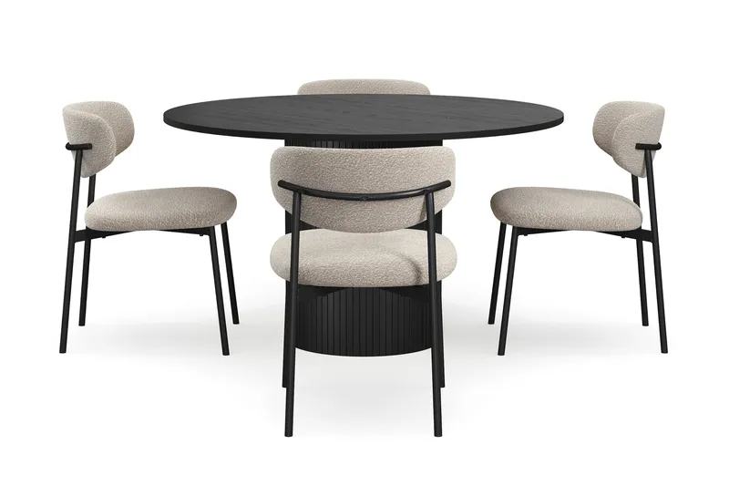Kopparbo Rundt Spisebord 130 cm med 4 Lucy Spisestoler - Svart tre / Greige Bouclé / Metallben Svart - Møbler - Bord - Spisegruppe