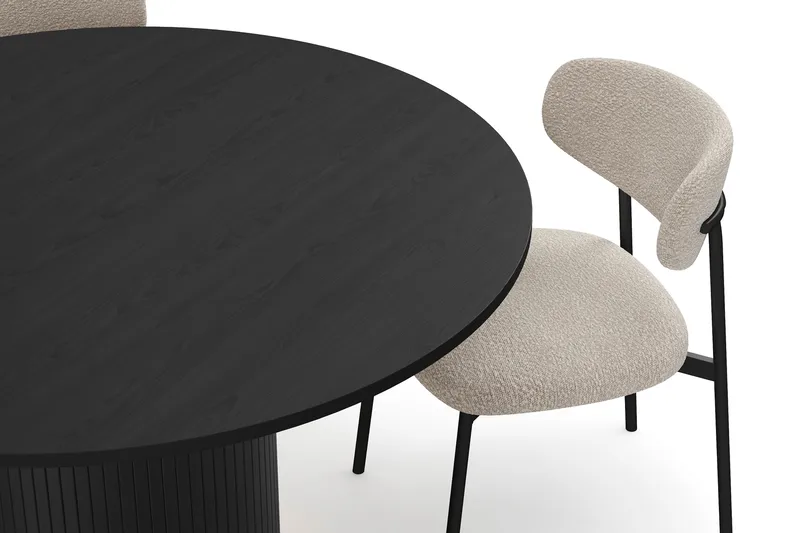 Kopparbo Rundt Spisebord 130 cm med 4 Lucy Spisestoler - Svart tre / Greige Bouclé / Metallben Svart - Møbler - Bord - Spisegruppe