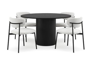 Kopparbo Rundt Spisebord 130 cm med 4 Lucy Spisestoler - Svart tre / Hvit Bouclé / Metallben Svart - Møbler - Bord - Spisegruppe