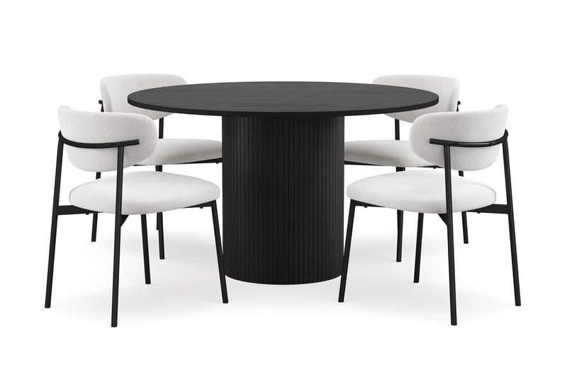 Kopparbo Rundt Spisebord 130 cm med 4 Lucy Spisestoler, Svart tre / Hvit Bouclé / Metallben Svart