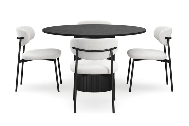 Kopparbo Rundt Spisebord 130 cm med 4 Lucy Spisestoler - Svart tre / Hvit Bouclé / Metallben Svart - Møbler - Bord - Spisegruppe