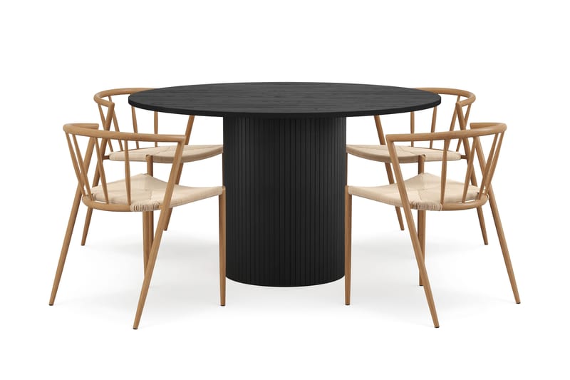 Kopparbo Rundt Spisebord 130 cm med 4 Winston Spisestoler, Svart tre / Beige / Metallben Eik