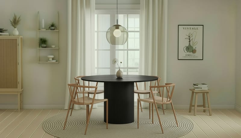 Kopparbo Rundt Spisebord 130 cm med 4 Winston Spisestoler - Svart tre / Beige / Metallben Eik - Møbler - Bord - Spisegruppe